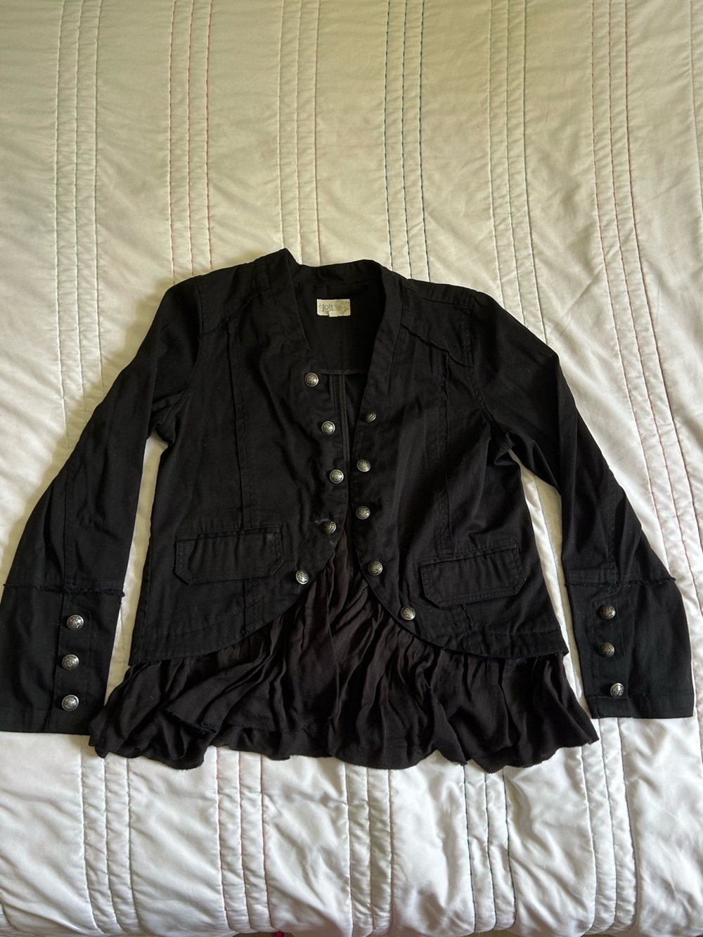 Jolt Black Military-Style Ruffle Hem Blazer